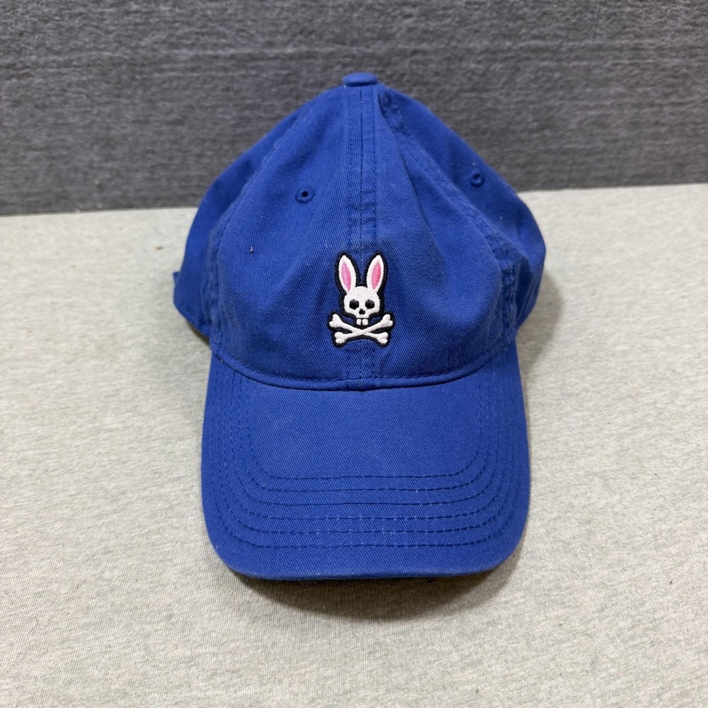 Psycho Bunny Hat Strapback (Fits Small) Blue White Rabbit Skull Logo Cotton Dad